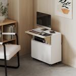 Hopfällbart Bord med Rullskåp, 2 Hopfällbara Bordssidor, Skåp och 4 Hjul, Vit+Naturligt Trä, 70x83x75 cm