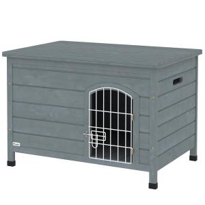 Hundkoja Hundhus med Dörr Grå av Granträ för Katter och Kaniner Vattentät Transportbur för Utomhusbruk 80 x 55 x 53,5 cm