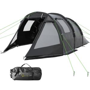 Tunneltält Campingtält Svart av Polyester för 4 Personer med 2 Rum UV-Skydd och Vattentät 2000 mm Vattenpelare