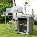 Campingkök Fällbart Utekök Silver av Aluminium och Tyg för Camping Vindskydd med 3 Bänkskivor och Skåpsfack UV-Skydd