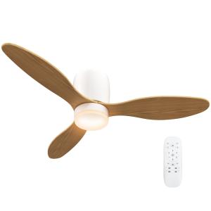 Takfläkt med Justerbar Lampa och Fjärrkontroll samt 6 Hastigheter och Timer Ergonomisk och Tyst Naturfärgad Metall och Trä 115 cm 3 Blad
