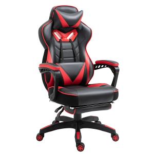 Ergonomisk Gamingstol med Utfällbart Fotstöd och Justerbart Ryggstöd, Skum, PU-läder och Metall, Svart + Röd, 65 x 70 x 118,5–128,5 cm
