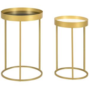 Satsbord med Upphöjd Kant 2-Pack, Runda Soffbord i Metall och Trä, Elegant Guldram för Vardagsrummet, Vit/Guld