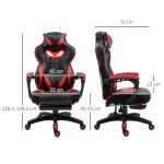 Ergonomisk Gamingstol med Utfällbart Fotstöd och Justerbart Ryggstöd, Skum, PU-läder och Metall, Svart + Röd, 65 x 70 x 118,5–128,5 cm
