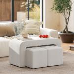 Fotpall Ottoman Set om 3 Vit av Tyg och Trä för Vardagsrum och Sovrum Stoppad Pall med Förvaring Elegant Design Mångsidig