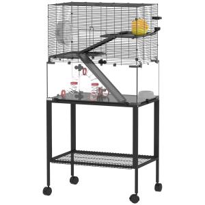 Hamsterbur 3 Våningar Svart Stål och Plast för Smådjur med Löphjul och Hus Rymlig Design med Ramper