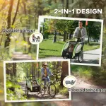 2-i-1 Cykelvagn för 2 Barn, Push-along Funktion, Regnskydd, Broms, Grön