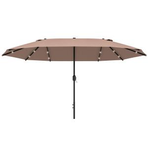 Dubbelt Parasoll med LED-Belysning, Stort Solskydd med Vev och Solcellslampor, Ovalt Uteplatsparasoll med Metallram, Khaki, 440 x 260 cm