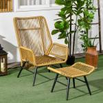 Polyrattan Trädgårdsstol med Pall, Justerbart Ryggstöd, Ljusbrun/Grå/Svart