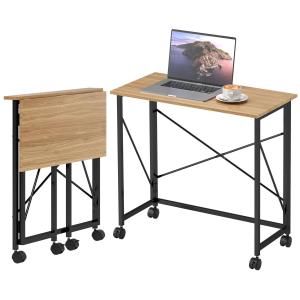 Hopfällbart Skrivbord med Hjul, Platsbesparande i Stål och MDF, Ek