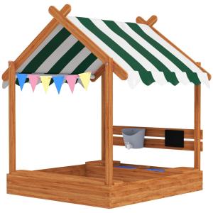 Sandlåda Träsandlåda med Tak Orange av Trä för Barn 3-7 År Lekstuga med Sittplats och Bräda 124 x 116 x 146 cm