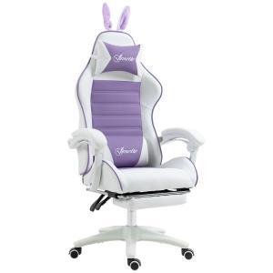 Gamingstol Ergonomisk och Spelstol med Svankstöd och Fotstöd samt Kaninöron och Kudde Ergonomisk och Bekväm Violett Tyg och Metall