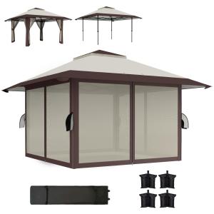 Gazebo 4x4 m – Vattentätt Hopfällbart Partytält med UV 50+ Skydd och Meshväggar – Höjdjusterbart Trädgårdstält med Bärväska och Sandsäckar – Beige Tält för Trädgård, Festival och Camping