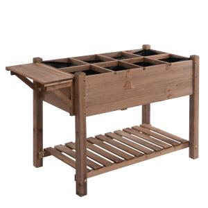 Upphöjd Odlingslåda i Massivt Trä, Planteringslåda med Galler och Hylla, Ergonomisk Odling för Trädgård och Uteplats, Brun, 123 x 54 x 74 cm