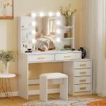 Sminkbord med Spegel och Belysning Vit MDF och Trä för Sovrum Sminkset med Pall och 6 Lådor Modern Design med Hyllor och Förvaring