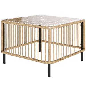 Sidobord Balkongbord med Glasskiva Natur av Polyrattan ve Glas för Uteplats ve Trädgård Väderbeständigt Soffbord 65 x 65 cm