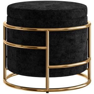 Stoppad Fotpall Storage Ottoman med Metallram och Guldpläterad Finish, Svart