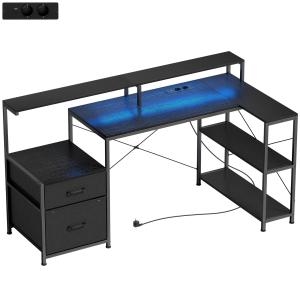 Gamingbord L-formad Svart Trälook med LED-belysning och Eluttag för Spelare Dubbelt Monitorstativ 165x80x91,5 cm