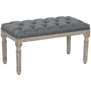 Klädd Sittbänk i Vintage-Stil, Elegant Bänk med Knappstoppning och Träben, Bekväm Sittplats för Hall och Matsal, Grå, 142 x 47 x 51 cm