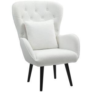 Fåtölj Loungestol med Svankkudde Vit av Teddytyg och Trä för Vardagsrum och Sovrum Vadderad Avkopplingsstol med Diamanttuftning